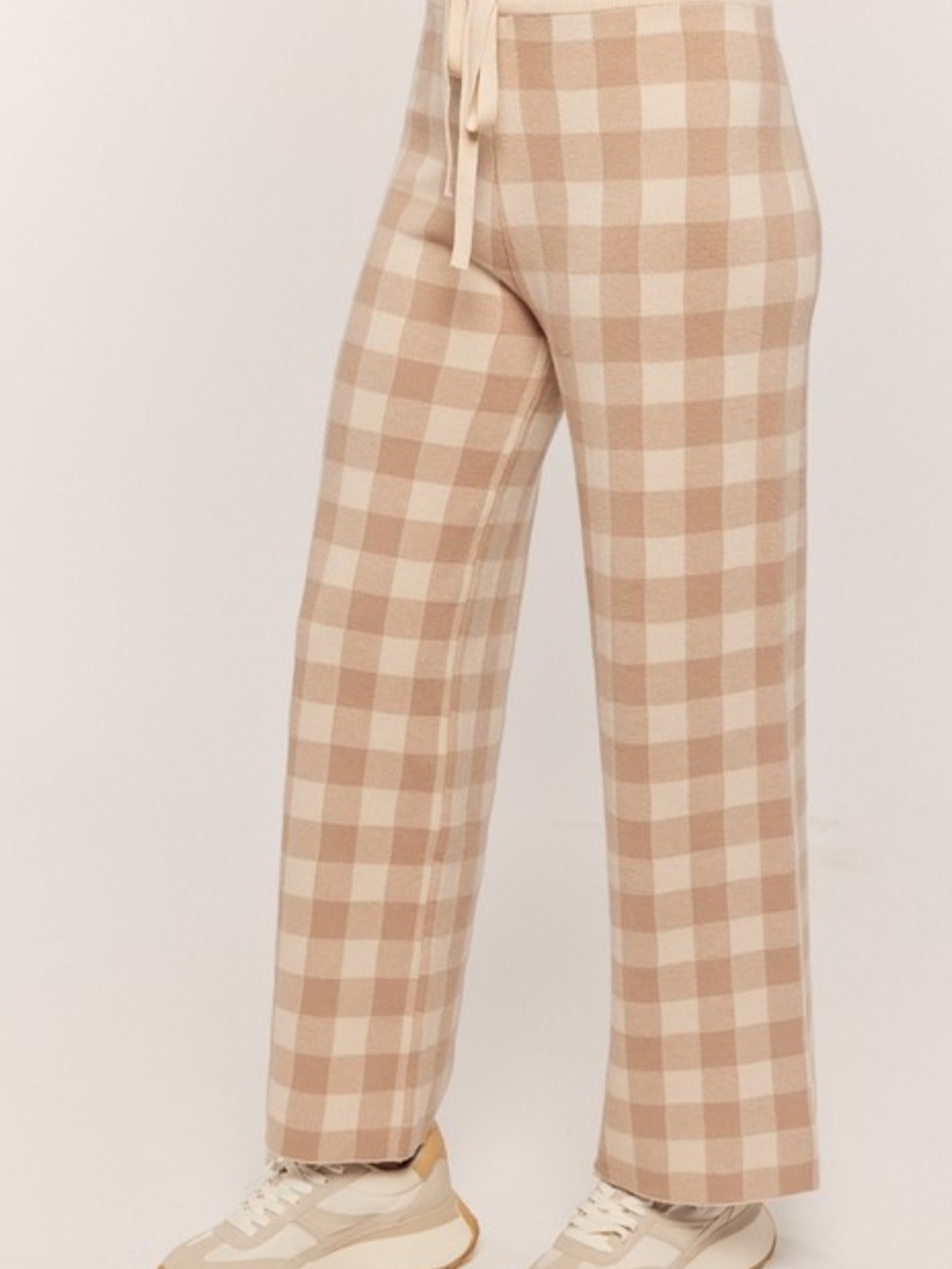 Beige Plaid Wide-Leg Knit Pants - Women - Picture 2 of 7